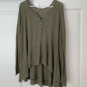 Free People Green Button-Up Waffle Henley